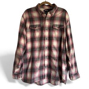 Lands’ End Brushed Plaid Flannel Button Down Shirt Classic Fit Pink Gray XL